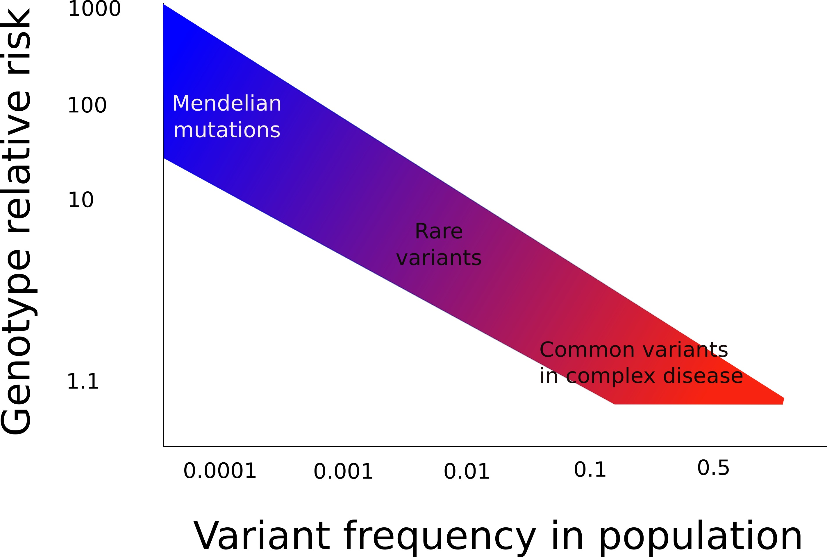 Figure 1: The spectrum of genetic mutations and variations. Traditional mutations are rare, and have a large risk of affecting the phenotype (top left). Common variants have a much smaller risk of affecting the phenotype, but multiple alleles of small effect can combine to produce a complex disease. Rare variants are between the two extremes, and might pre-dispose to complex disease in a small proportion of the population.