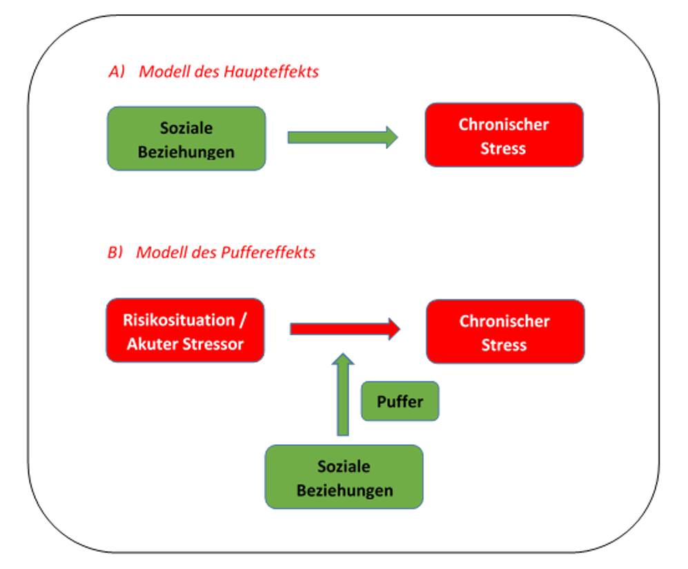 Abbildung 1: Schematische Darstellung des Haupteffekts und des Puffereffekts von sozialen Beziehungen auf Gesundheit